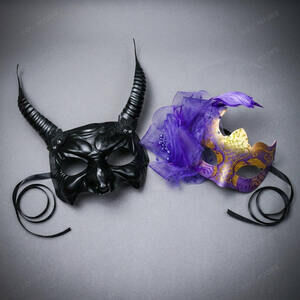 Black Devil Horn Demon Mask & Purple Tulle Glitter Masquerade Couple Mask Set